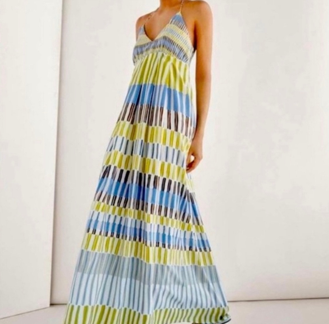 Massimo Dutti Halter Maxi Dress Striped Empire Waist Resort Size 10 Summer